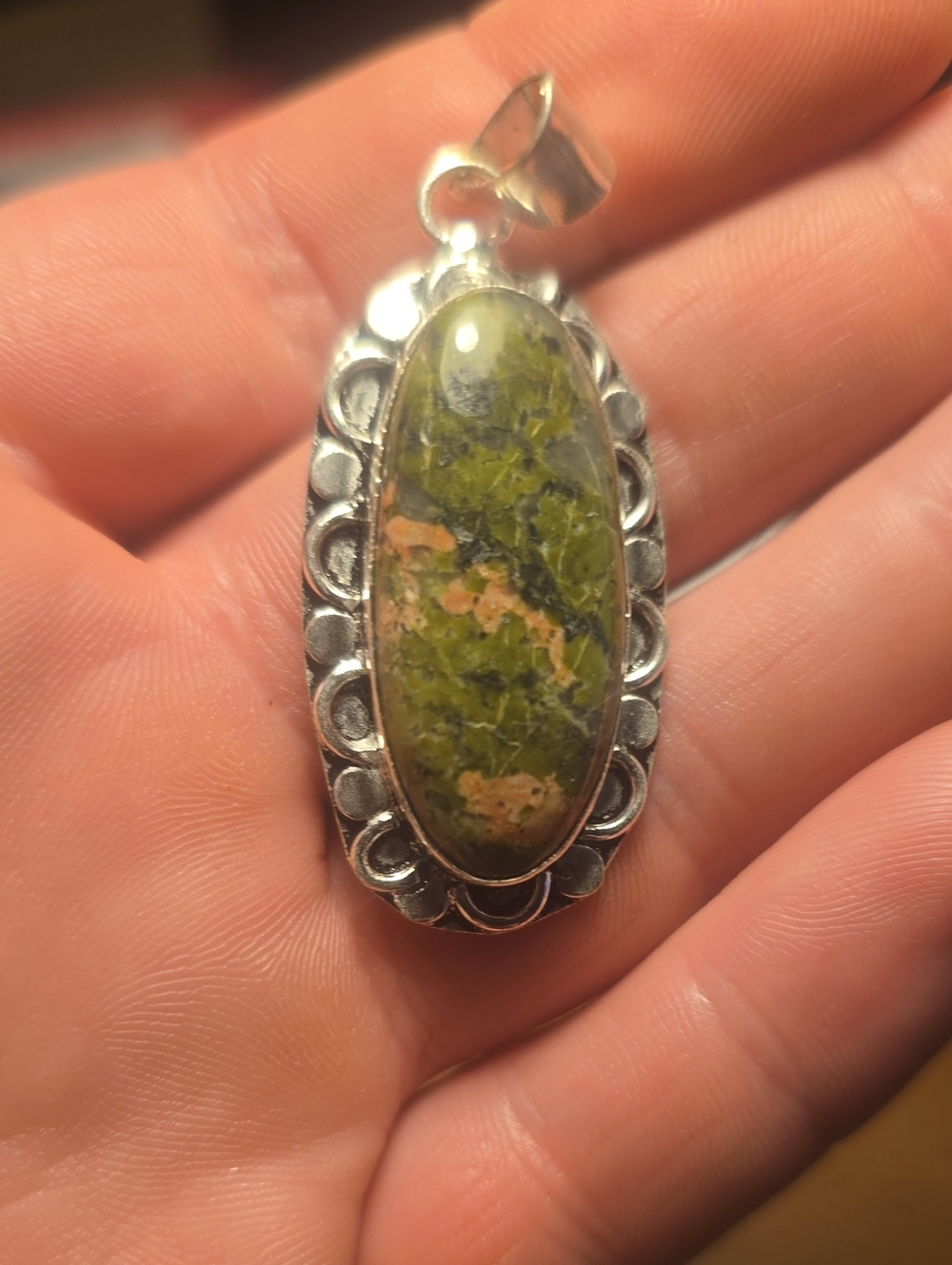 Sterling Silver Unakite Oval Pendant - Elegant Green Stone Necklace